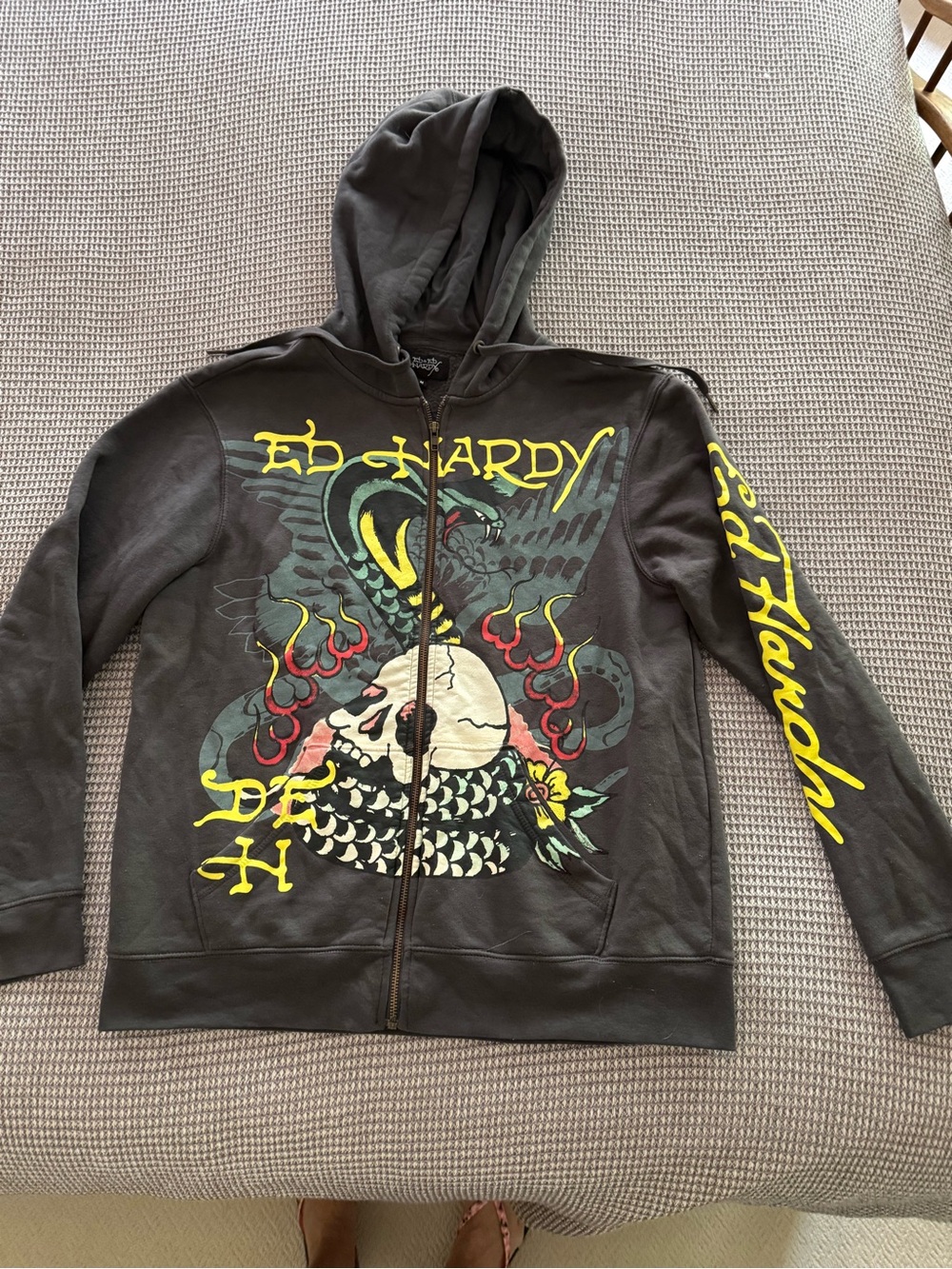 Ed Hardy Black Graphic Zip Hoodie. size M